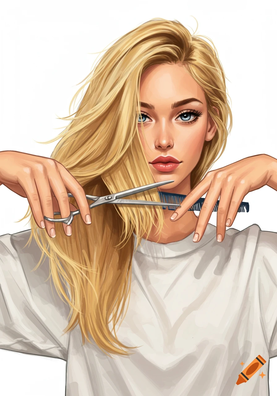 Illustration of a blonde woman cutting her own hair with scissors and a comb.