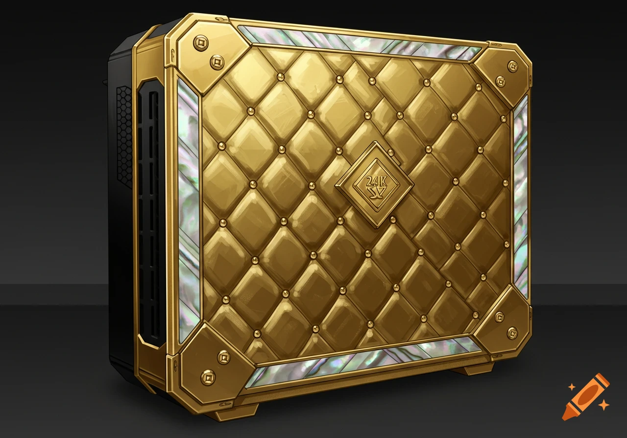 Detailed rendering of a luxurious computer case with gold diamond quilting, mother of pearl trim, and a 24K SV badge.
