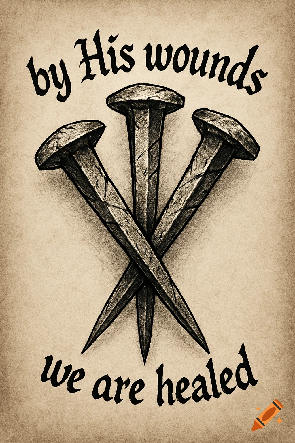 A sketch of three cross-shaped nails with the text "by His wounds we are healed" in a calligraphic font.
