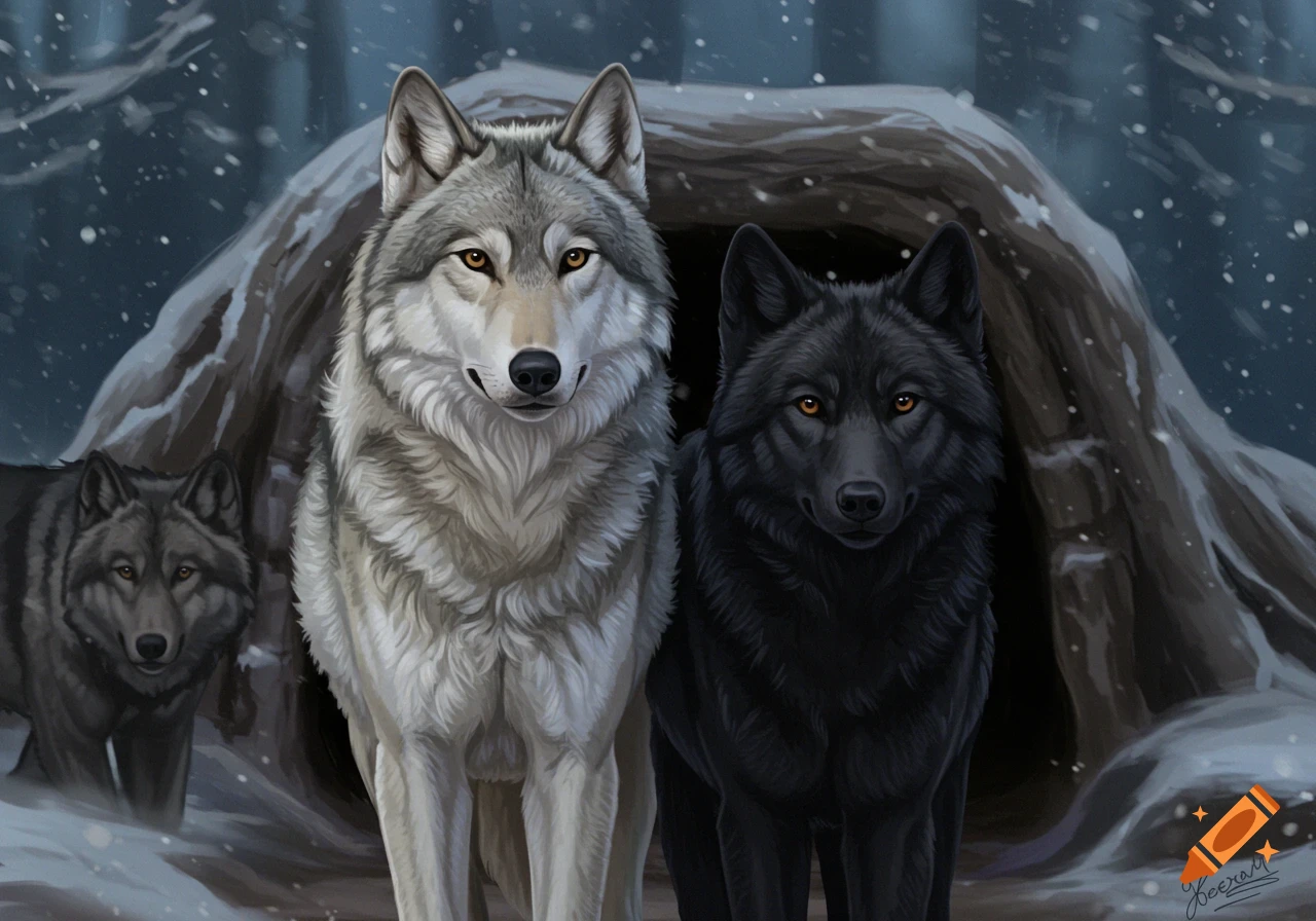 Digital painting of a gray wolf and two black wolves in front of a den in a snowy forest.