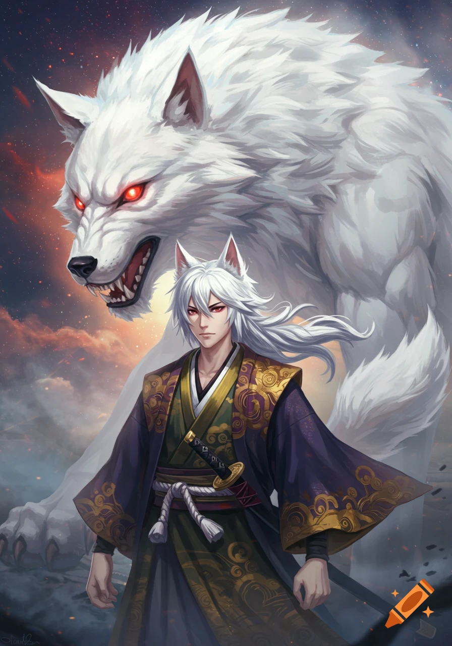 Anime-style man with white hair, wolf ears, and kimono stands with a large white wolf behind him against a cloudy, dramatic sky.