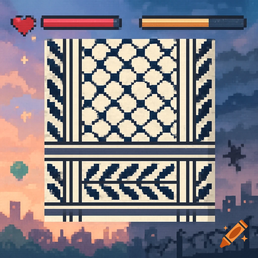 Pixel art showing a keffiyeh pattern overlaying a pixelated landscape and sky, with gaming interface elements like a heart and health bars.
