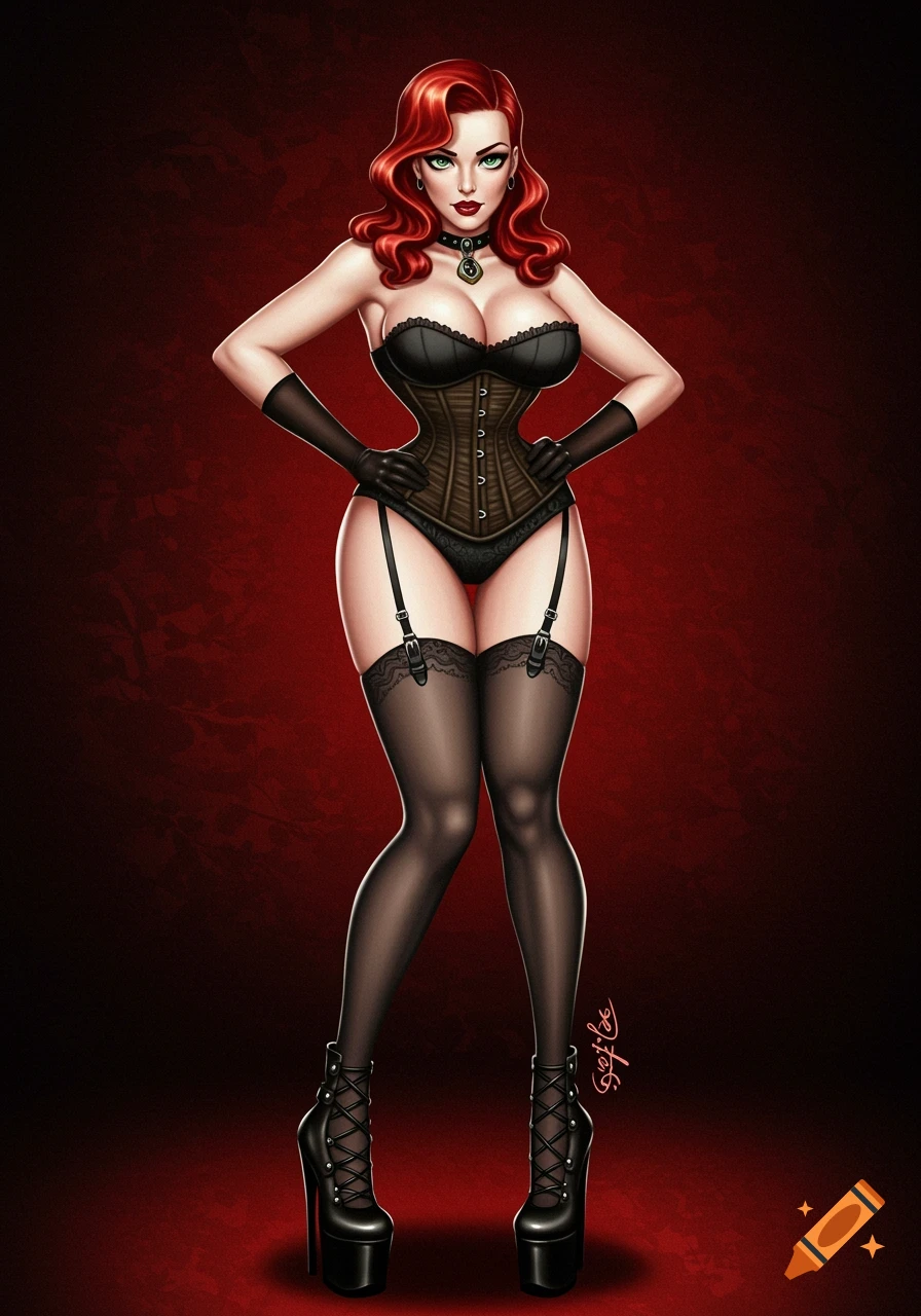 Pin-up illustration of a woman in black corset, stockings, garter belts, and high heels on a red background.