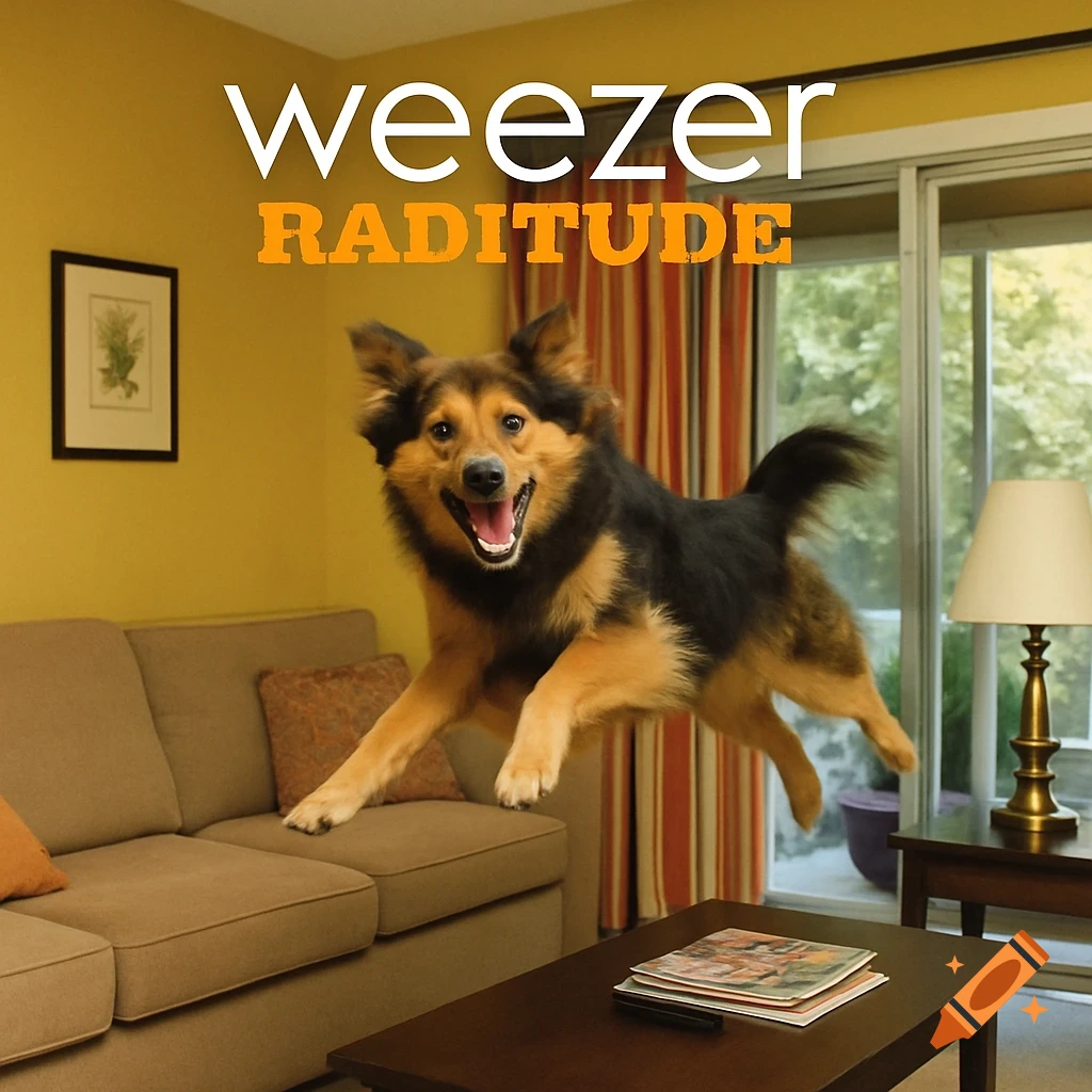 A dog jumps over a coffee table in a living room. "weezer RADITUDE" text is overlaid.