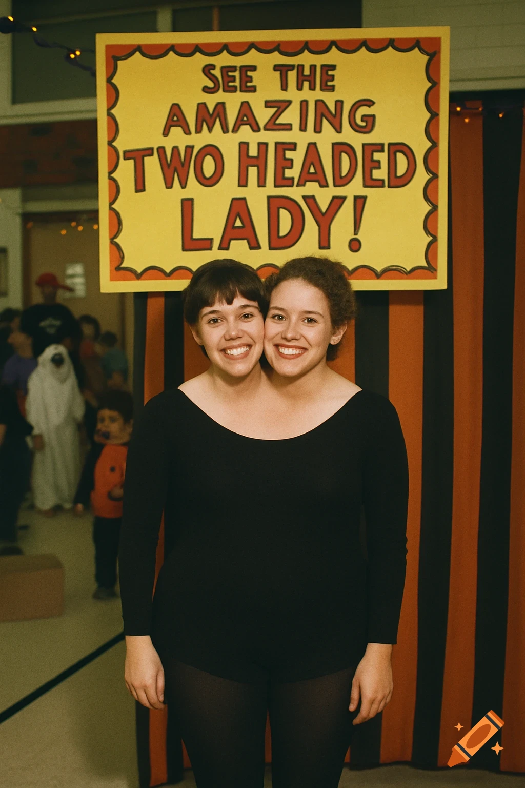 Photo of two women in a two-headed lady costume standing under a sign at a carnival event.