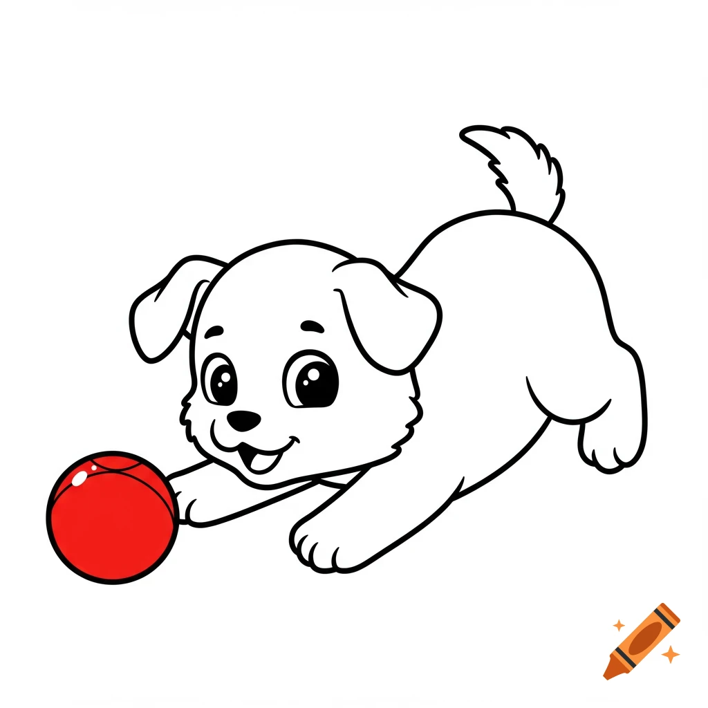 Line drawing of a puppy playing with a red ball