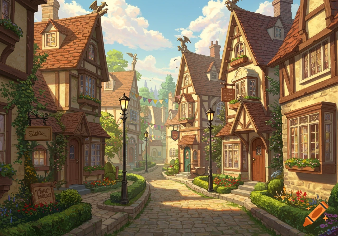 A charming fantasy village street with half-timbered houses, lamp posts, and flower boxes under a bright sky.