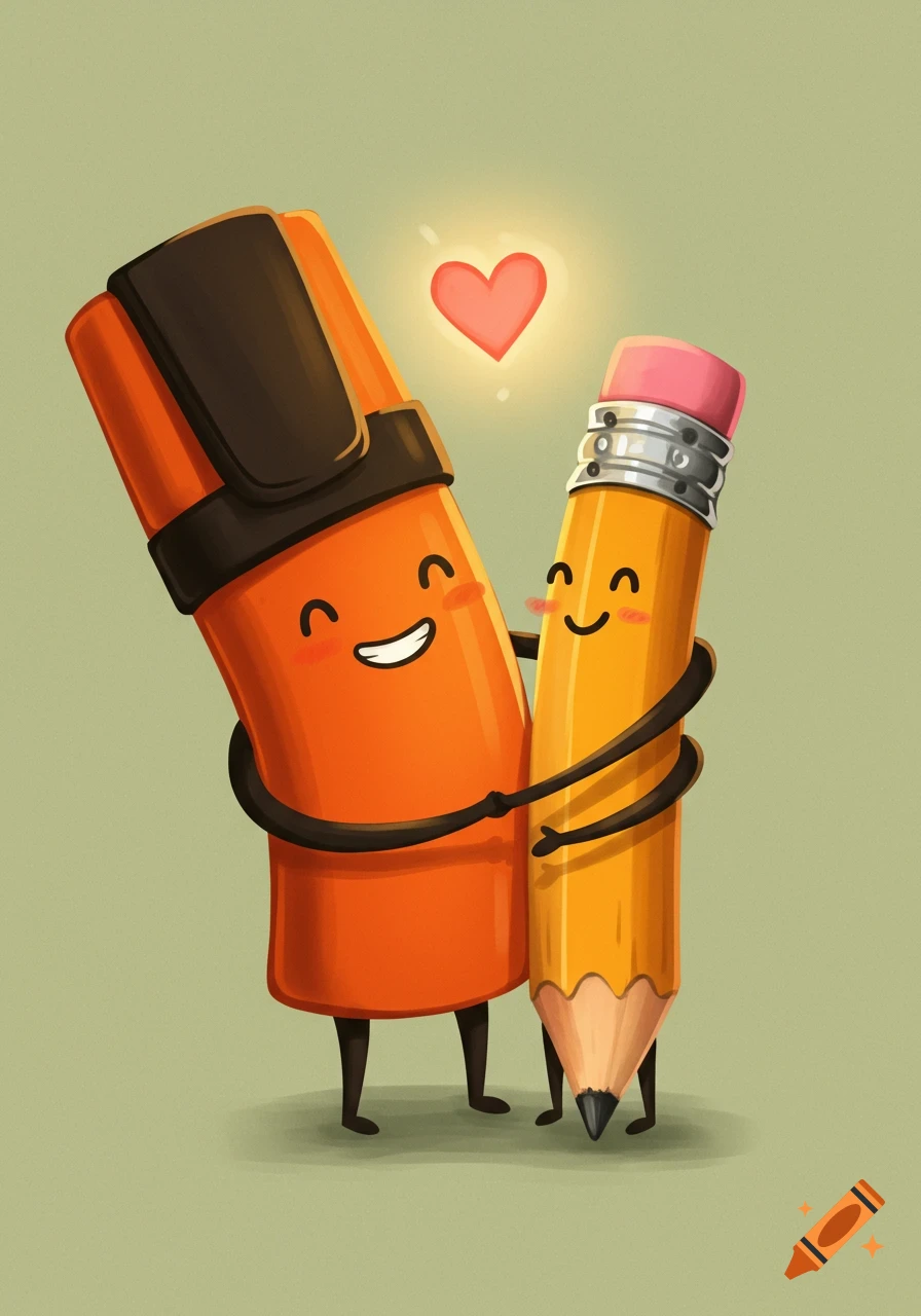 A cute cartoon of an orange marker hugging a yellow pencil with a heart.
