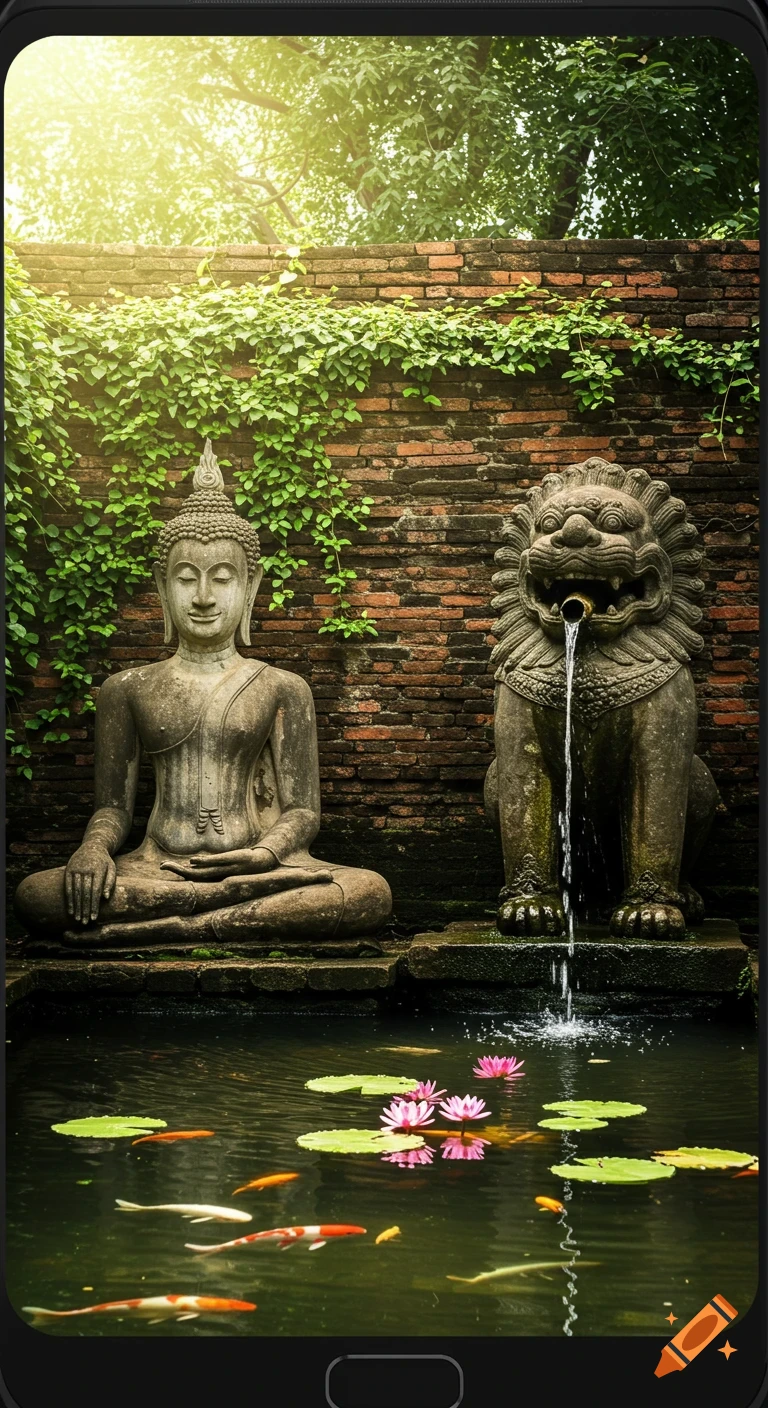 Photorealistic Buddha statue and lion fountain next to a pond with koi fish and lotus flowers in a garden setting.