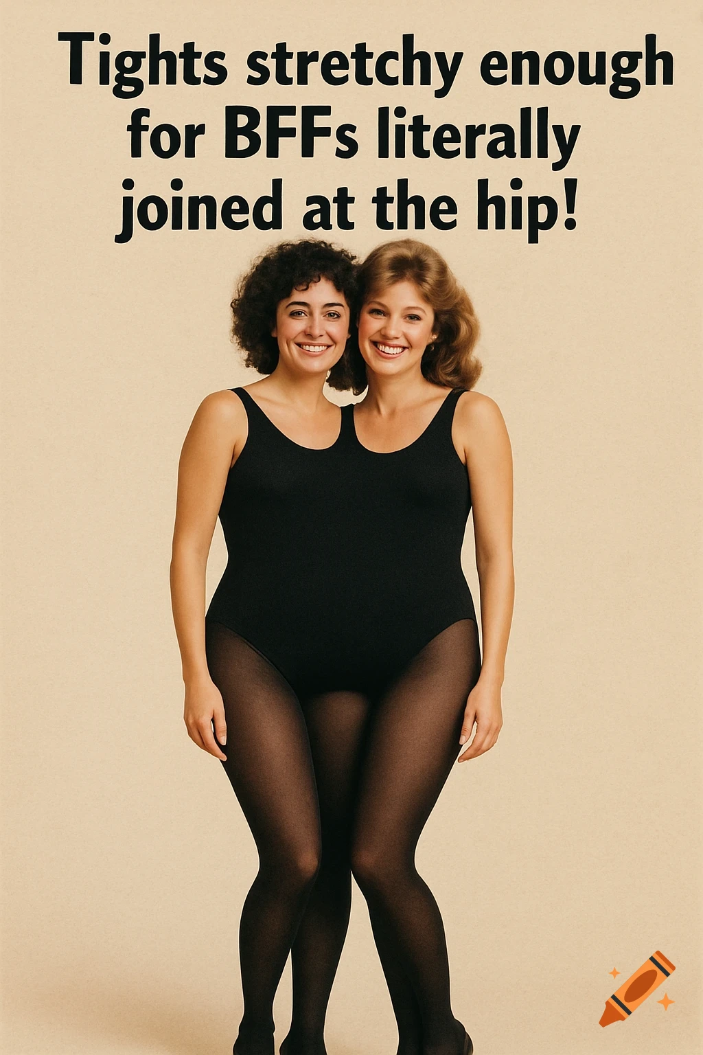 1980s ad for tights featuring two women merged into one body, with text.