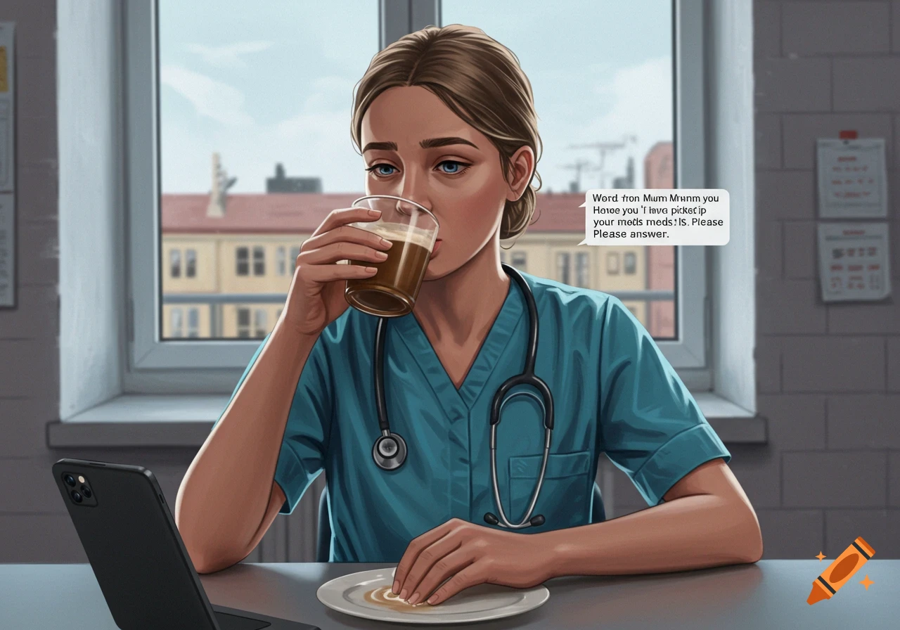 Illustrated portrait of a nurse in teal scrubs drinking coffee in a break room with a speech bubble.