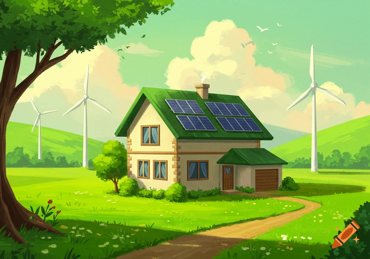 Cartoon illustration of a house with solar panels and wind turbines in a green landscape under a bright sky.