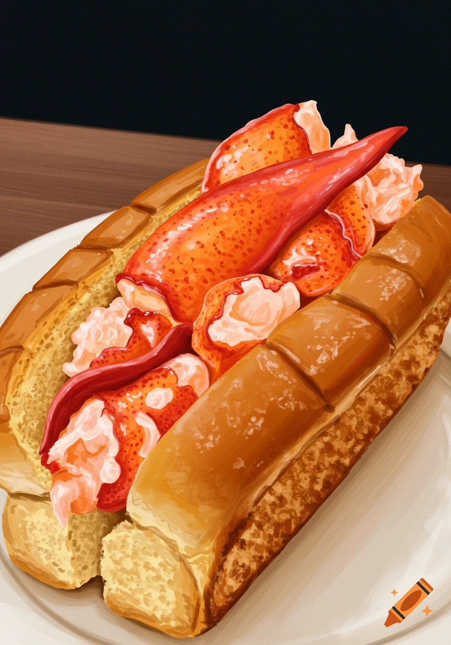 Close-up illustration of a lobster roll on a white plate