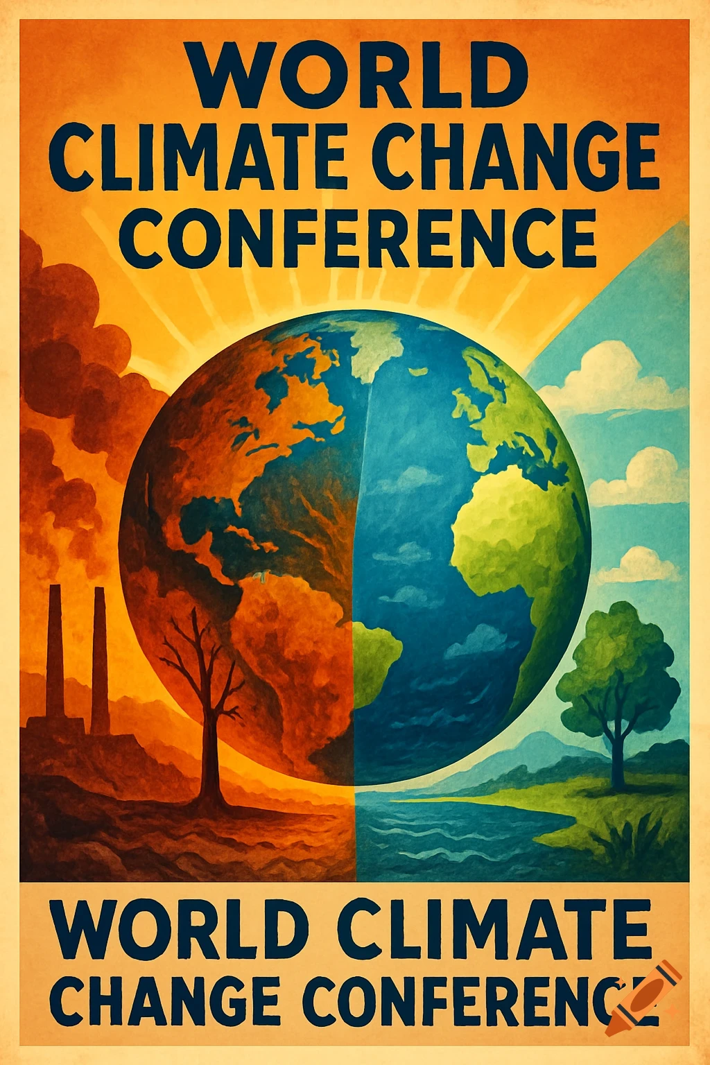 A vintage style poster about climate change showing a split Earth, half polluted and half healthy, with text 'World Climate Change Conference'.