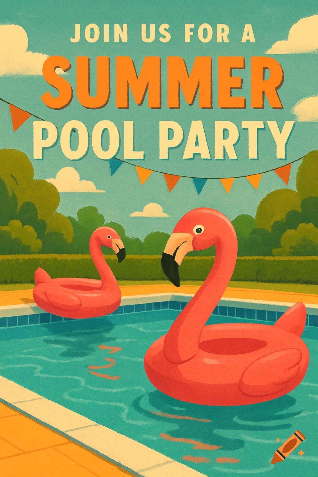An illustration of a summer pool party invitation with flamingo floats in a pool.