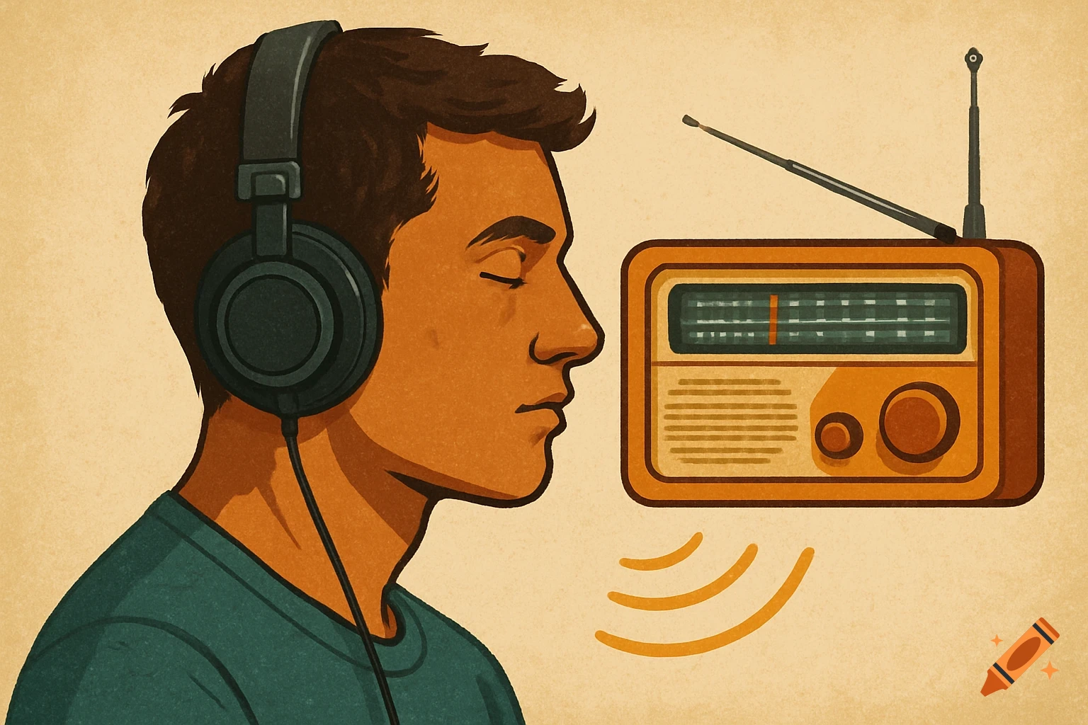 Illustration of a man wearing headphones listening to a radio.