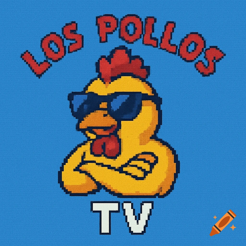 Pixel art of a chicken in sunglasses with 'LOS POLLOS' and 'TV' text