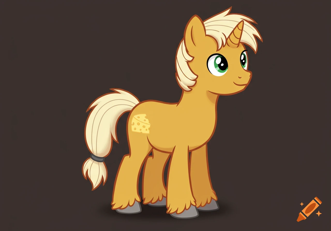 A cartoon yellow pony with a short white horn, blonde mane and tail, green eyes, gray hooves, and a cheese shape on its flank.