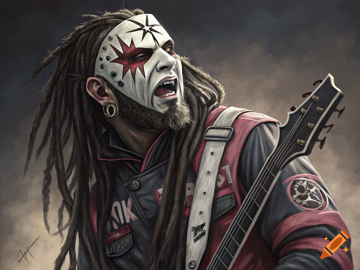 Portrait of a musician with dreadlocks and a painted mask playing a guitar.