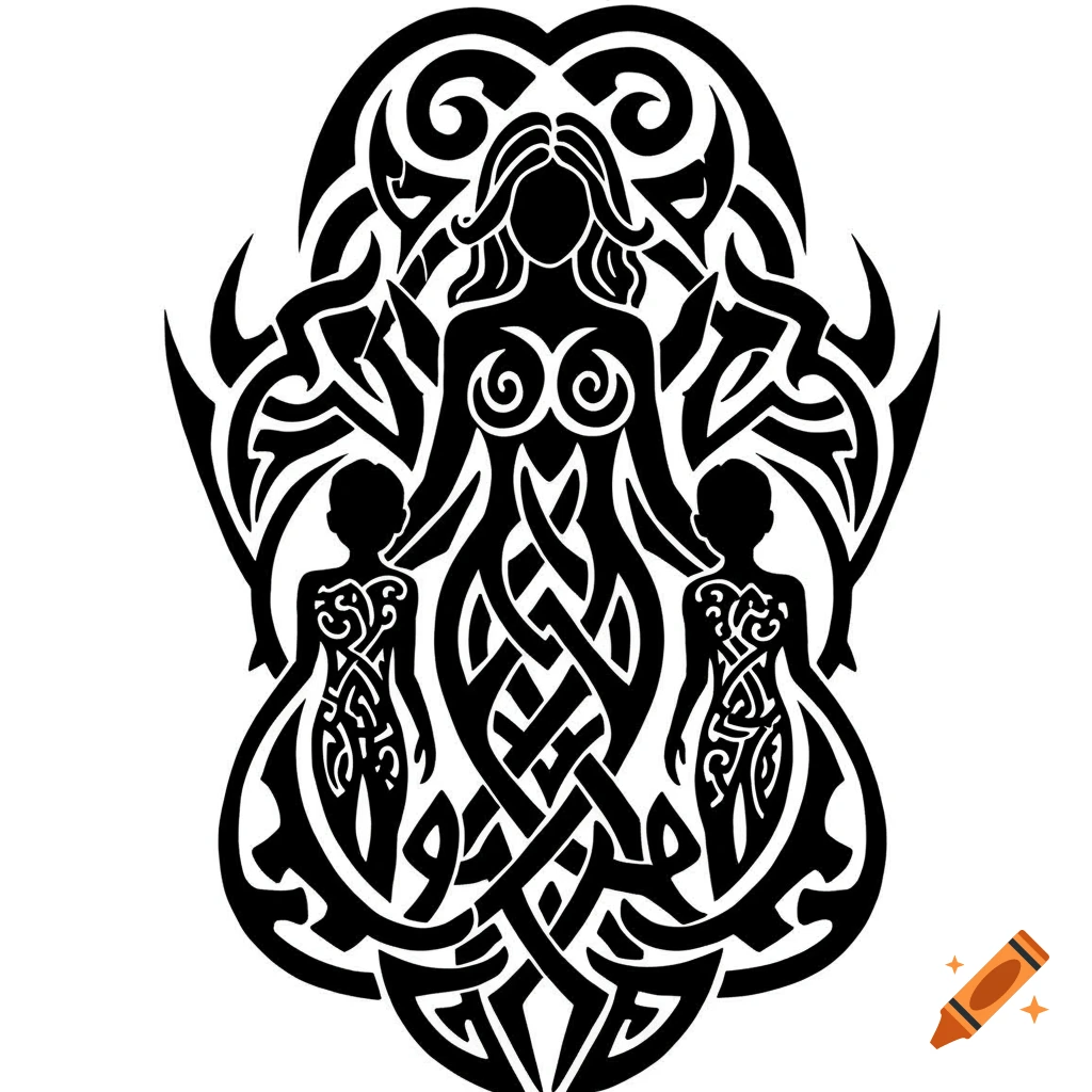 Black Celtic knot design tattoo representing a mother, father, and two sons