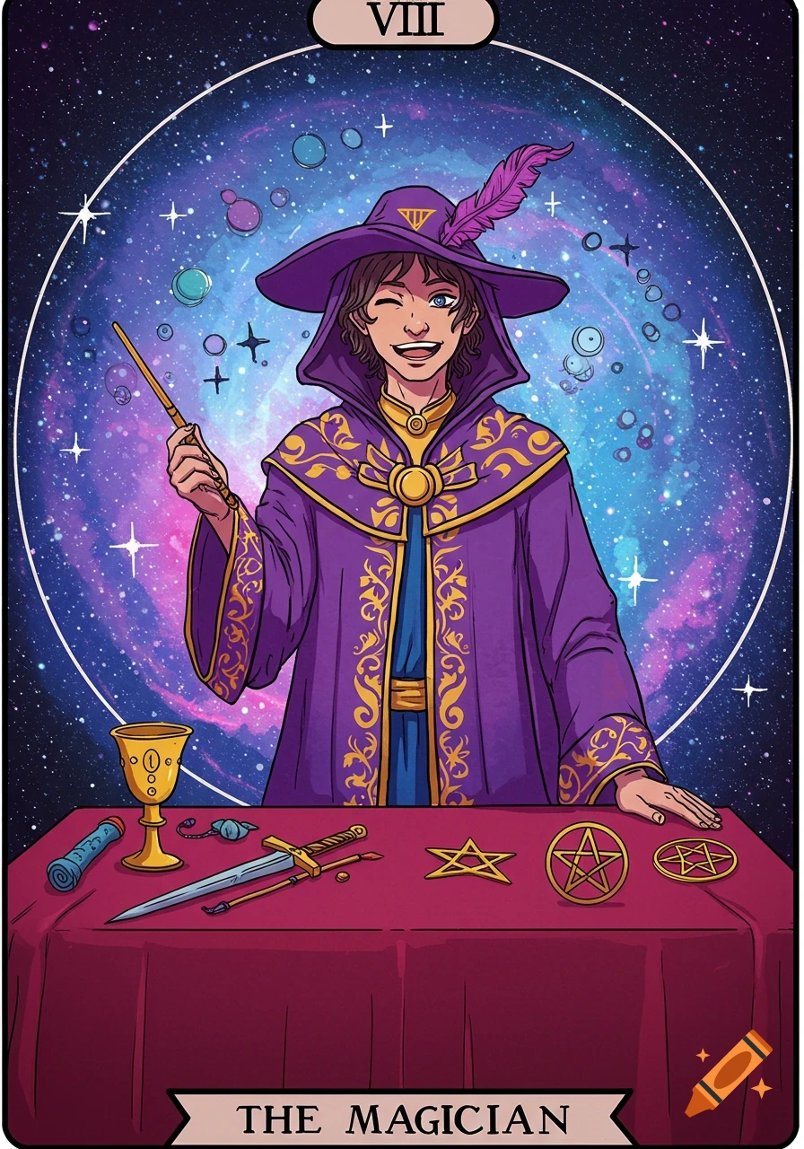 Illustration of The Magician tarot card with a figure in a purple robe and hat against a cosmic background.