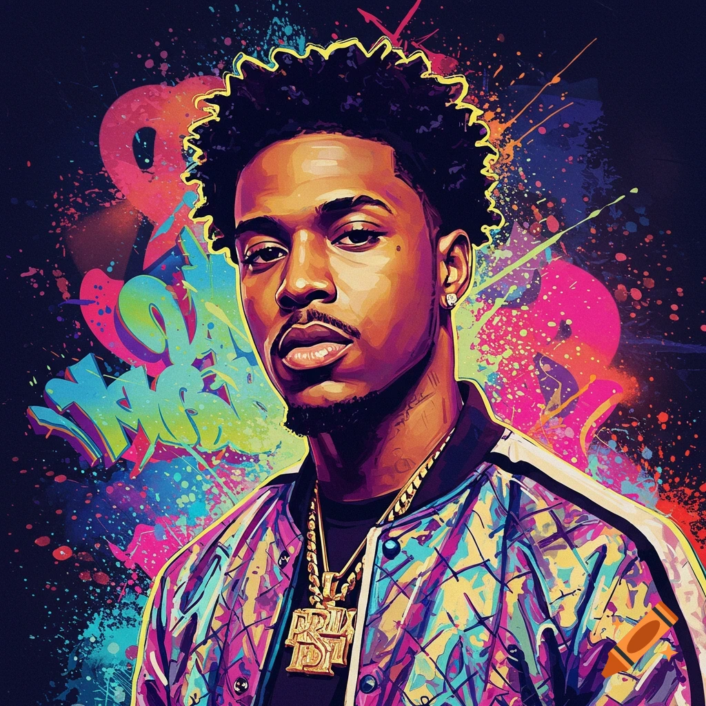 Graphic art portrait of a man with afro, wearing a colorful bomber jacket and gold chain, against a vibrant splatter and graffiti background.