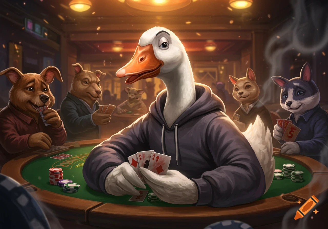 An anthropomorphic goose in a hoodie plays poker with other animals at a card table.