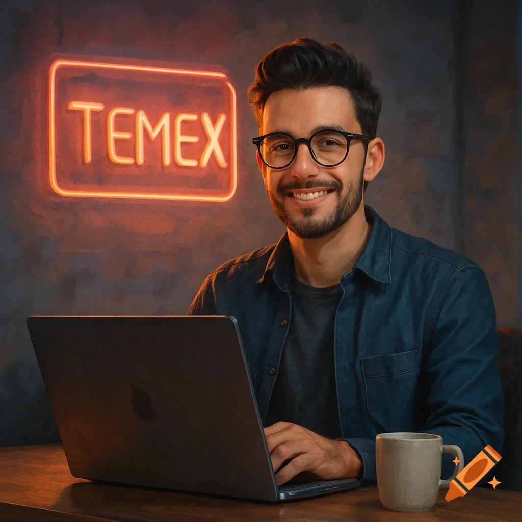 Smiling man with glasses and beard working on a laptop at a desk with a coffee mug and a neon sign saying 'TEMEX' in the background.