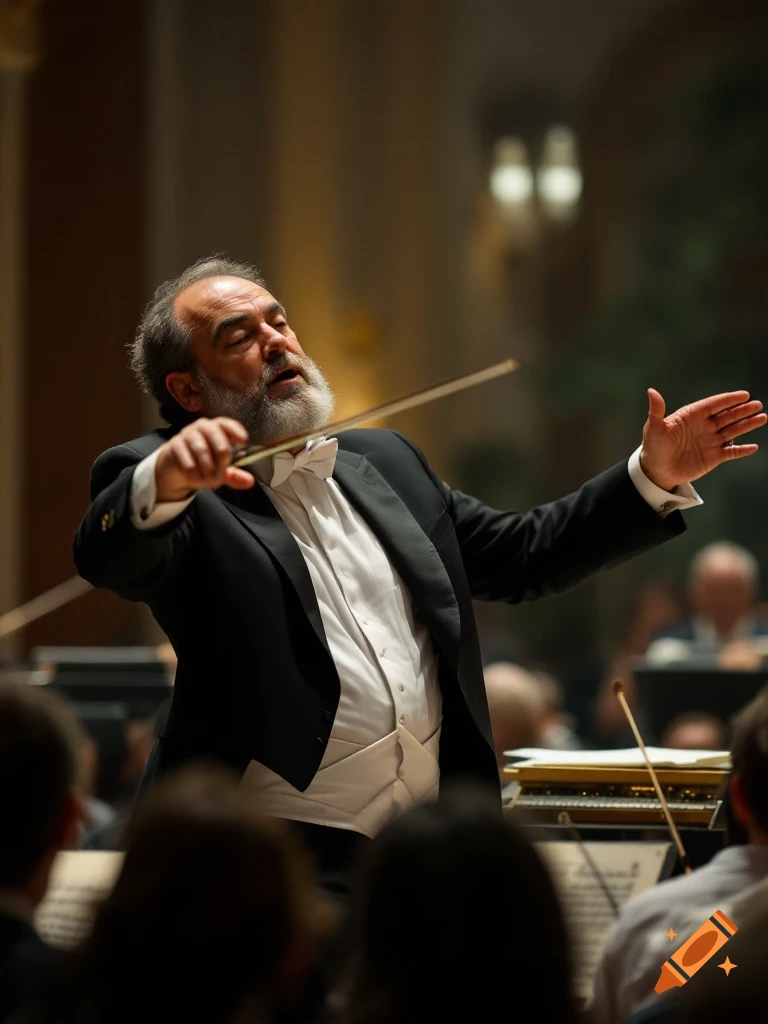Man in tuxedo conducting orchestra