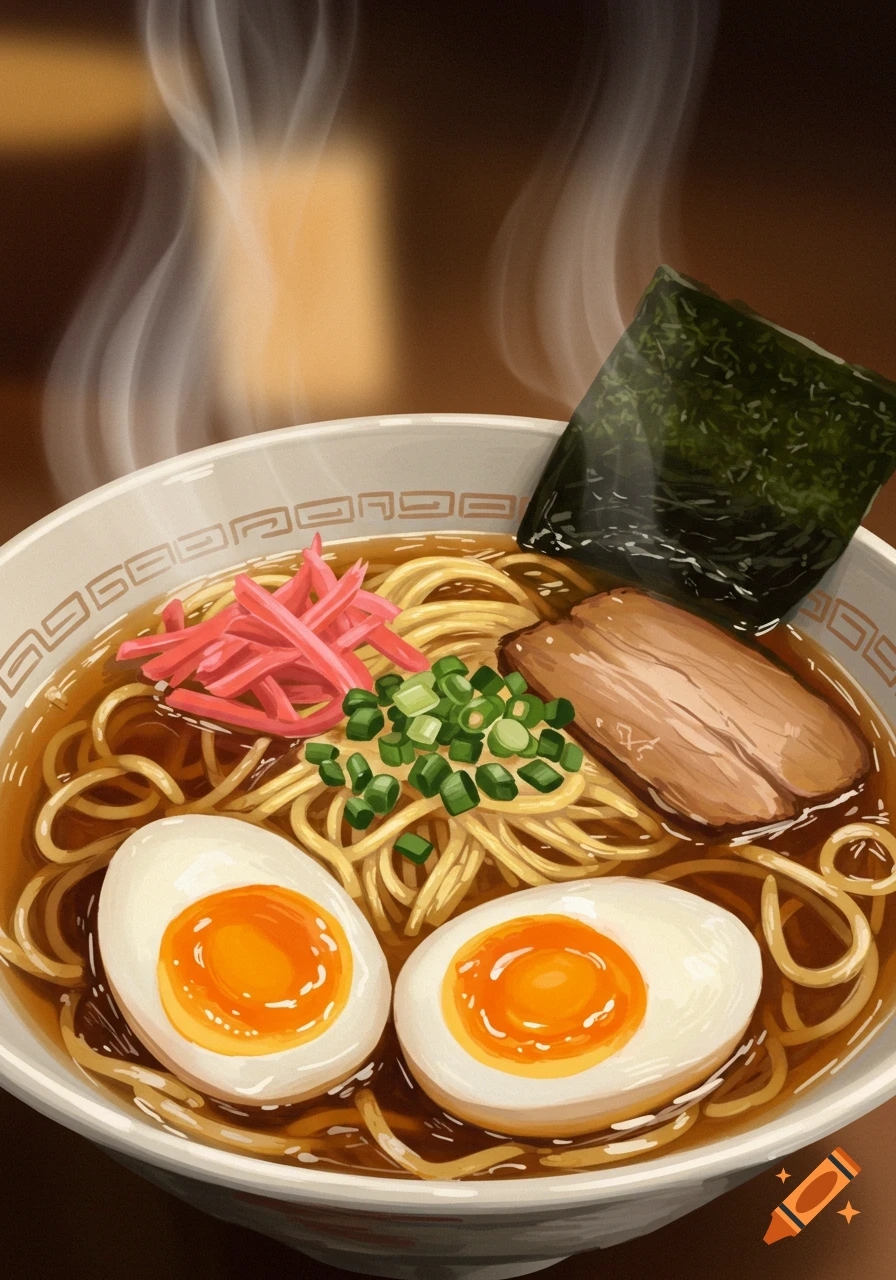 A bowl of steaming ramen with noodles, broth, sliced pork, soft-boiled eggs, seaweed, and pickled ginger.