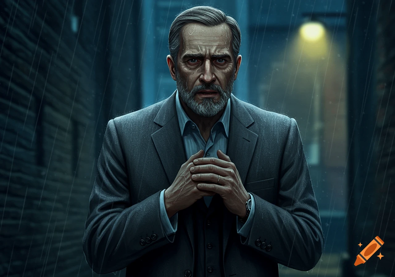 Man in suit with clasped hands stands in the rain under a street lamp, looking intense.