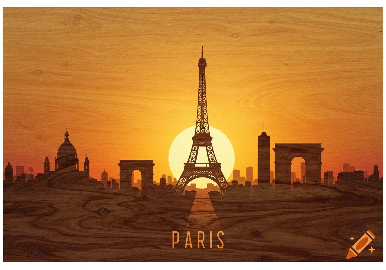 Silhouette of the Paris skyline with Eiffel Tower against a sunset, rendered with a wood grain texture and text PARIS.