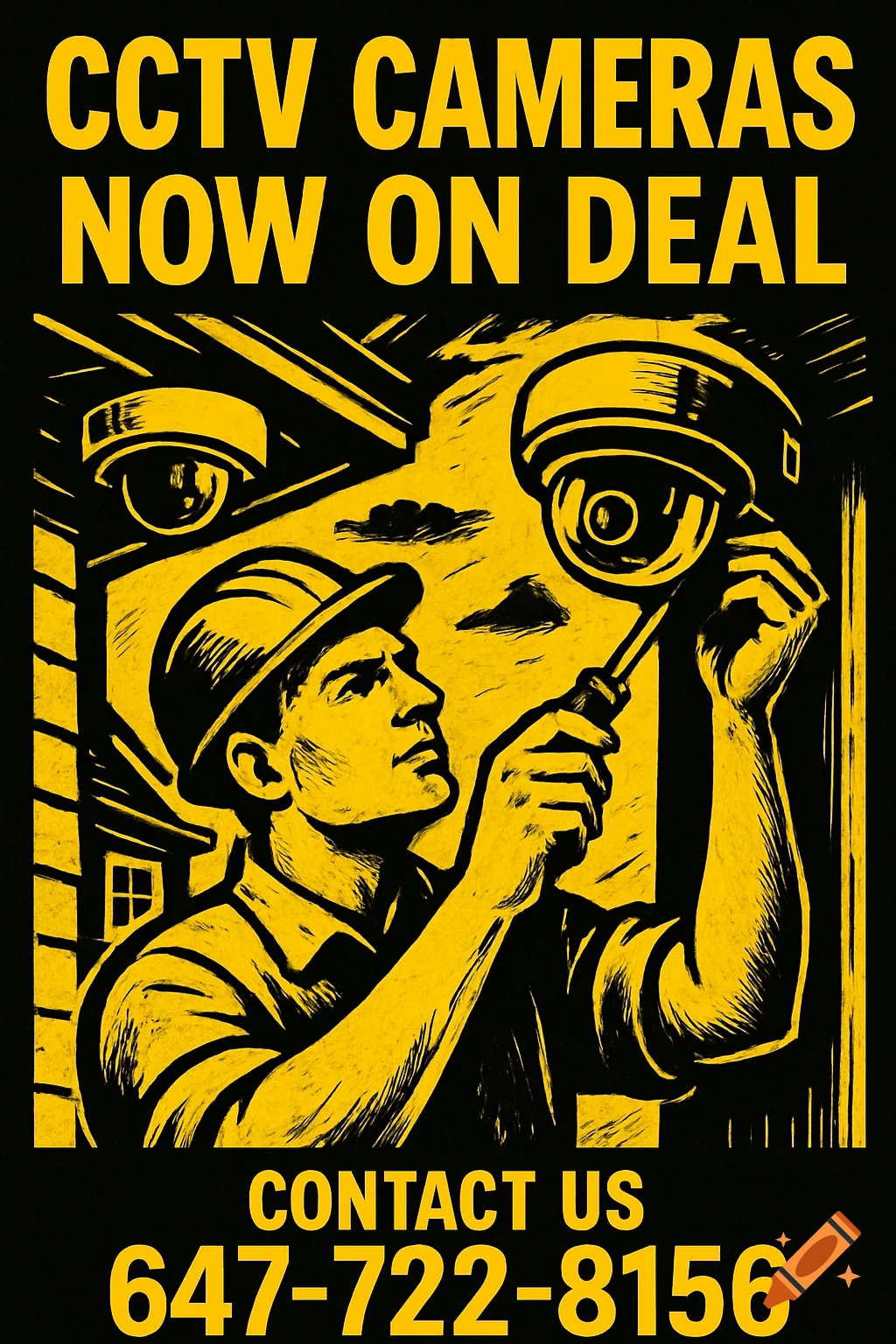 Stylized black and yellow illustration of a technician installing CCTV cameras with text advertising a deal.