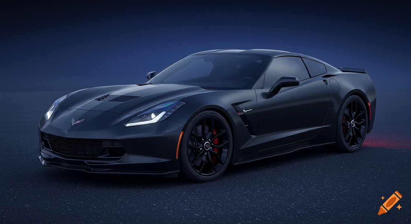 A black Corvette C7 Z06 parked on a dark road.