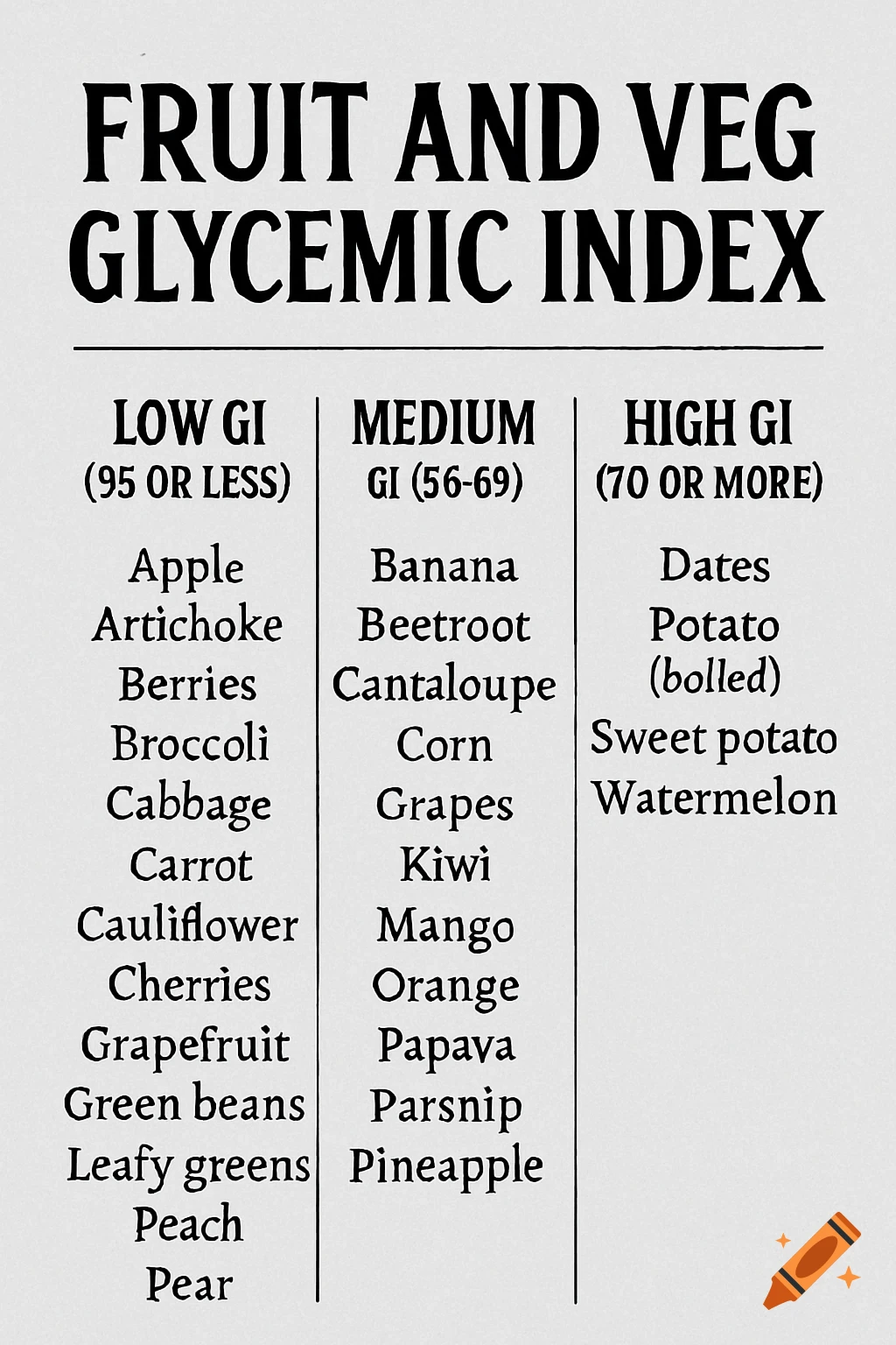 Black and white chart listing fruits and vegetables by glycemic index category: Low, Medium, High.