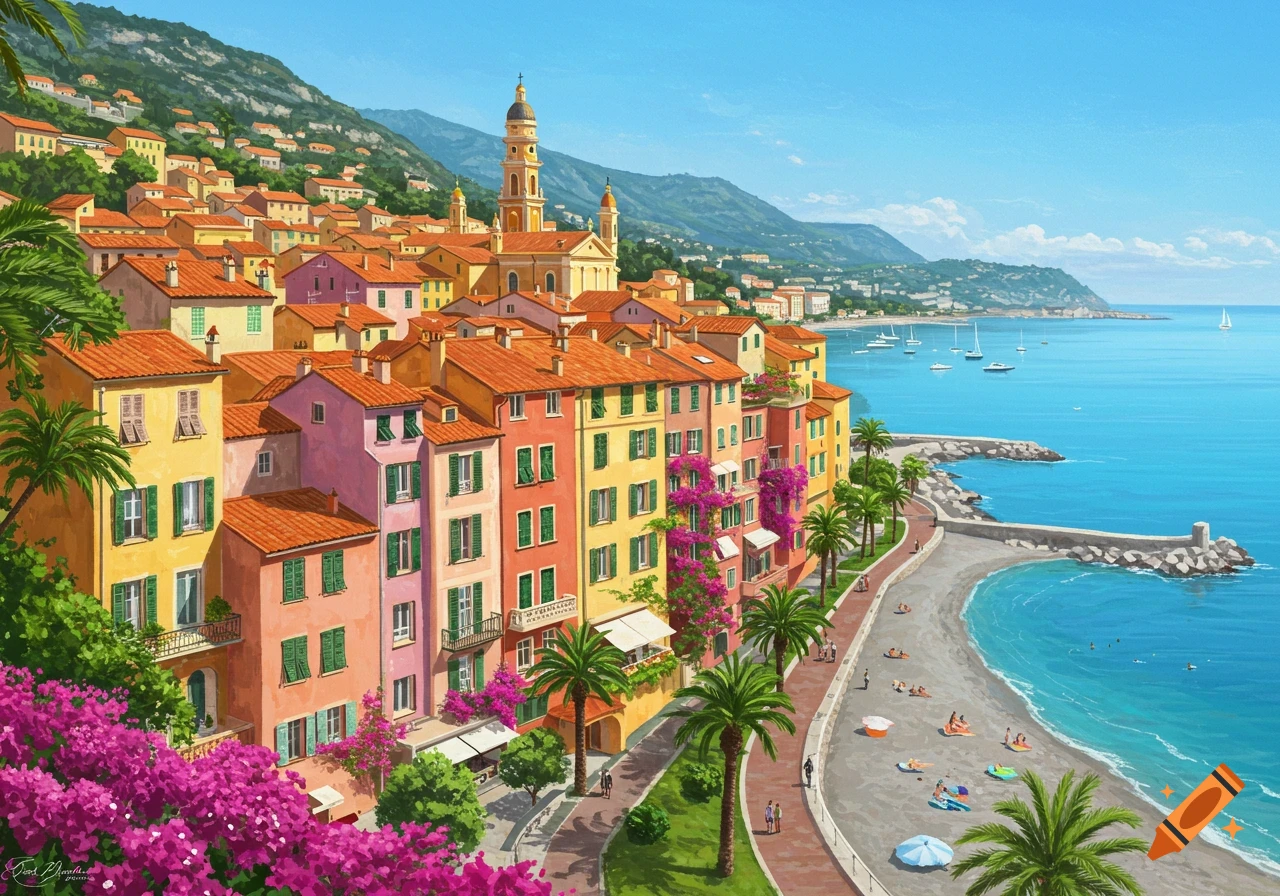 Vibrant illustration of a colorful coastal town on a hillside overlooking a beach and blue sea.