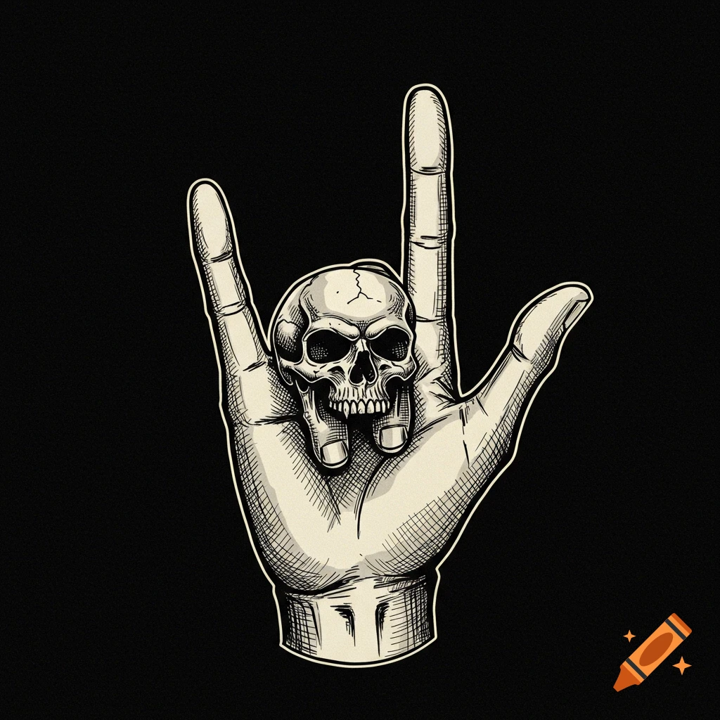 An illustration of a hand making the rock sign with a skull ring on a black background.