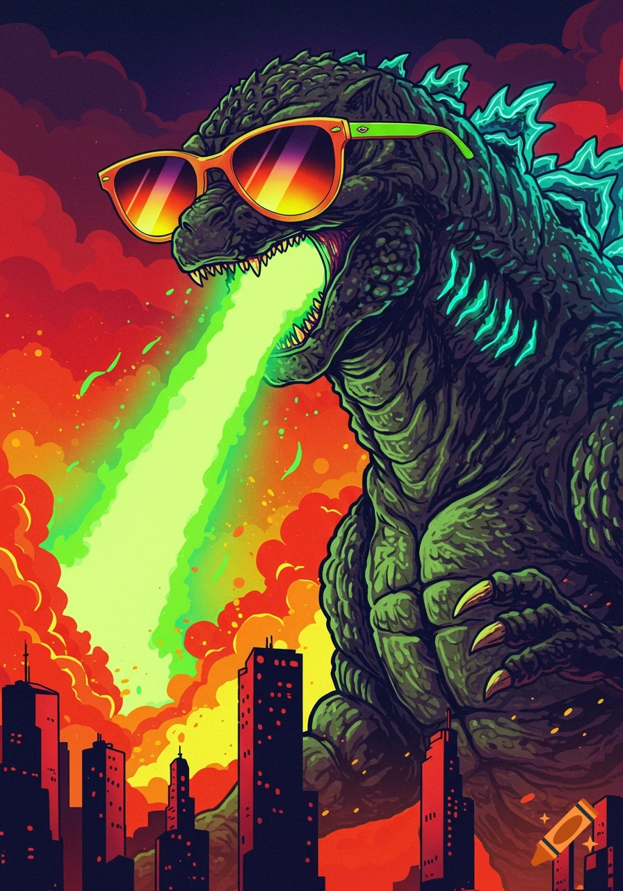 Stylized illustration of Godzilla wearing sunglasses, breathing green fire over a city skyline.