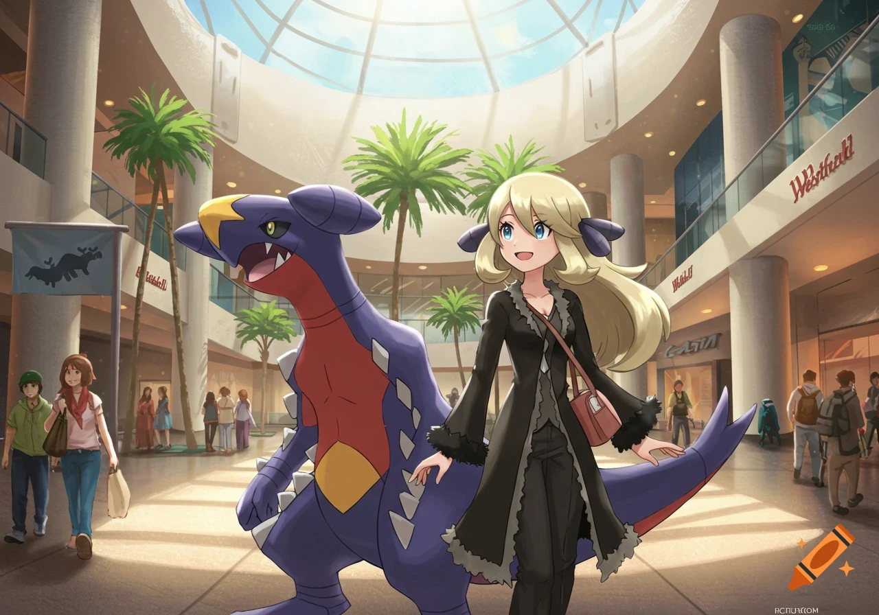 Cynthia and Garchomp walk through a sunny indoor mall.