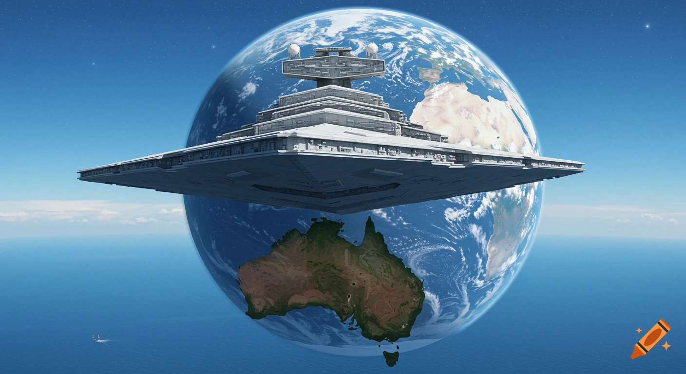 An Imperial star destroyer hangs in space above Earth, with Australia prominent on the planet's surface.
