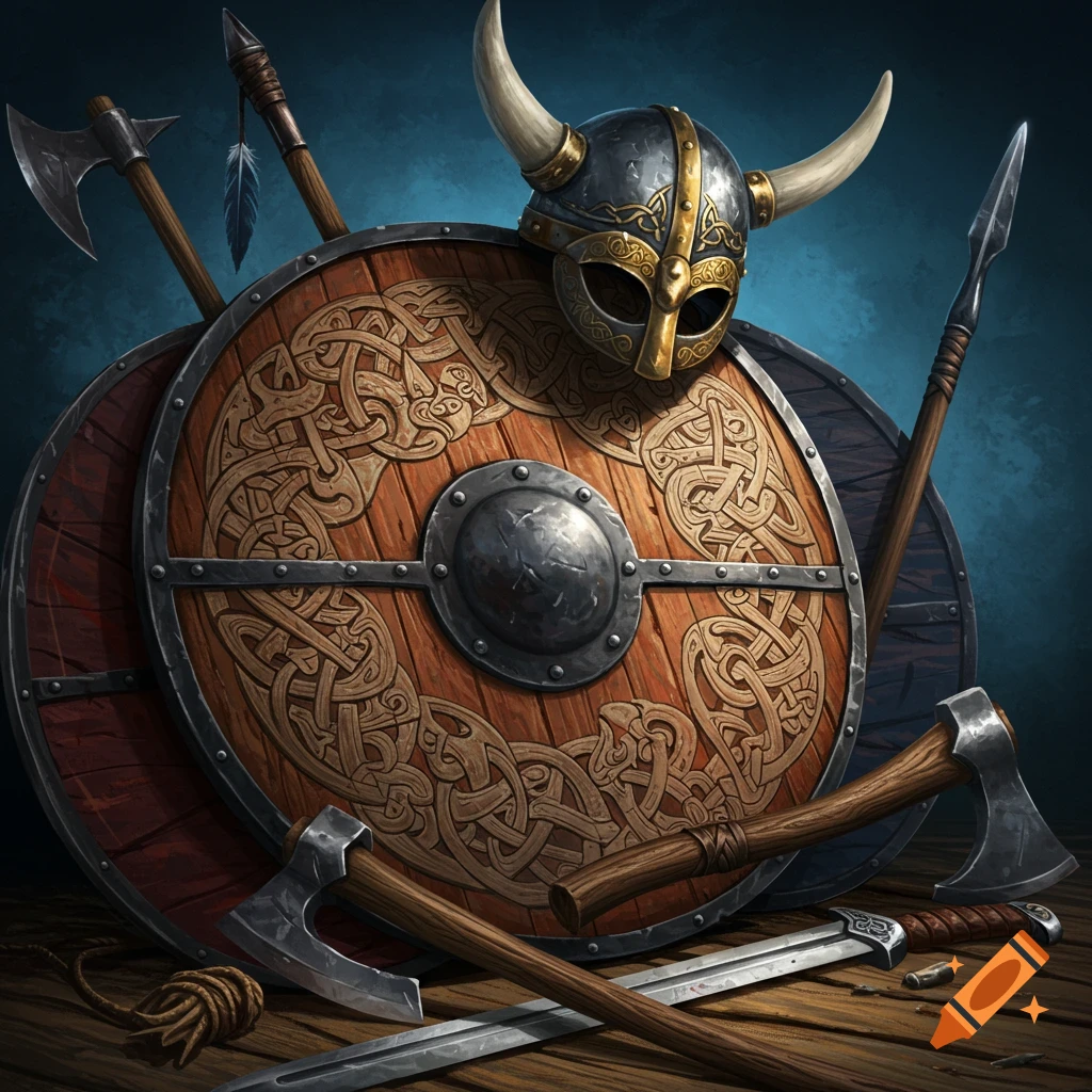 Viking helmet, shield, axes, and weapons piled together