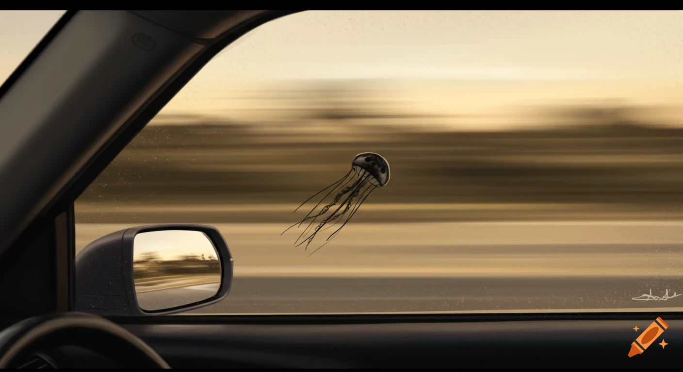 A jellyfish floats outside the window of a speeding car seen from the driver's seat.