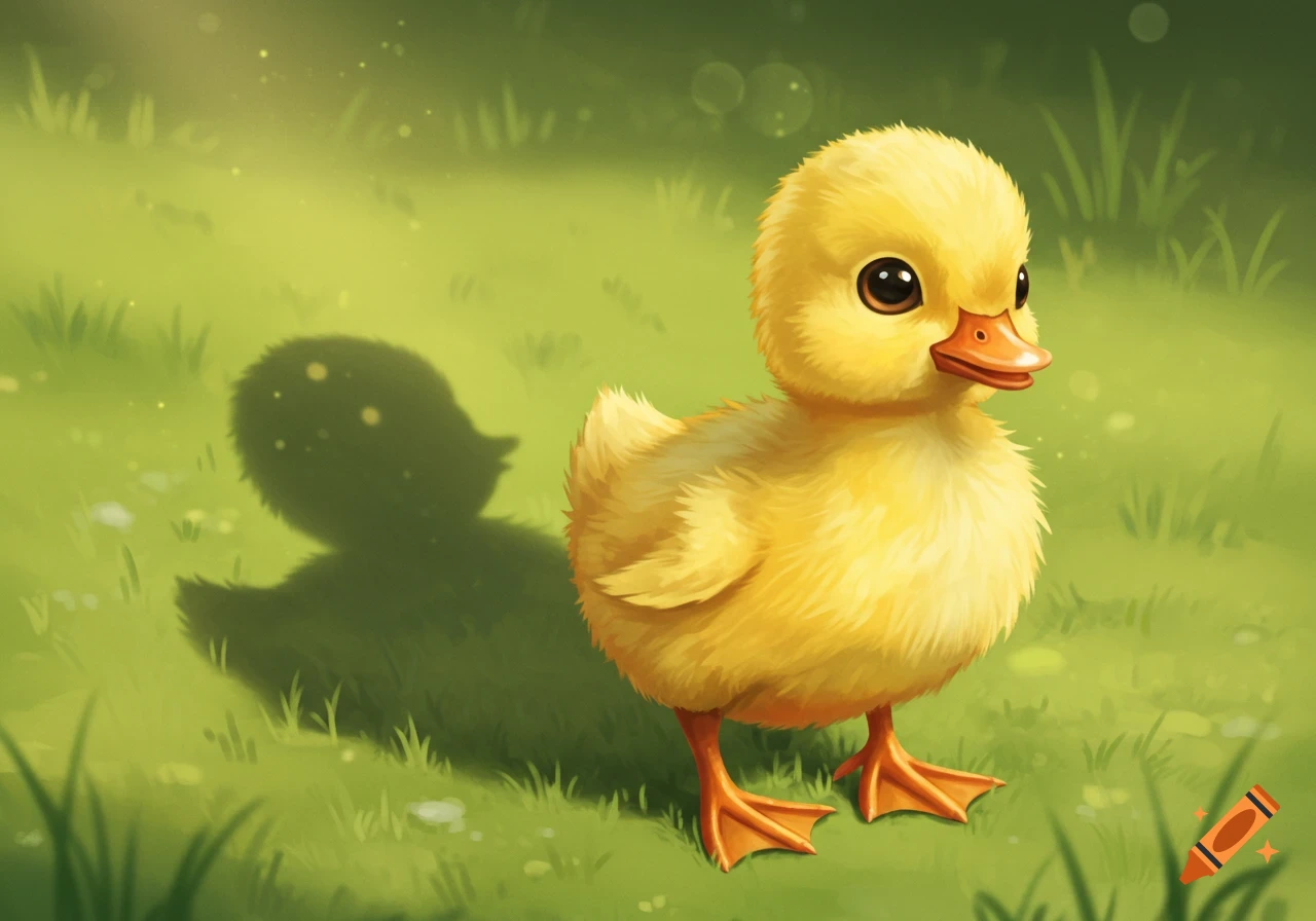 A cute yellow baby duck stands in a sunny grassy field.
