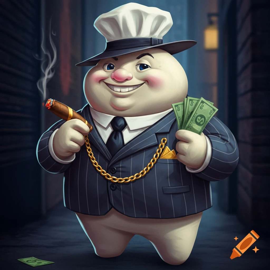 Cartoon character in gangster suit holding cigar and cash in alley