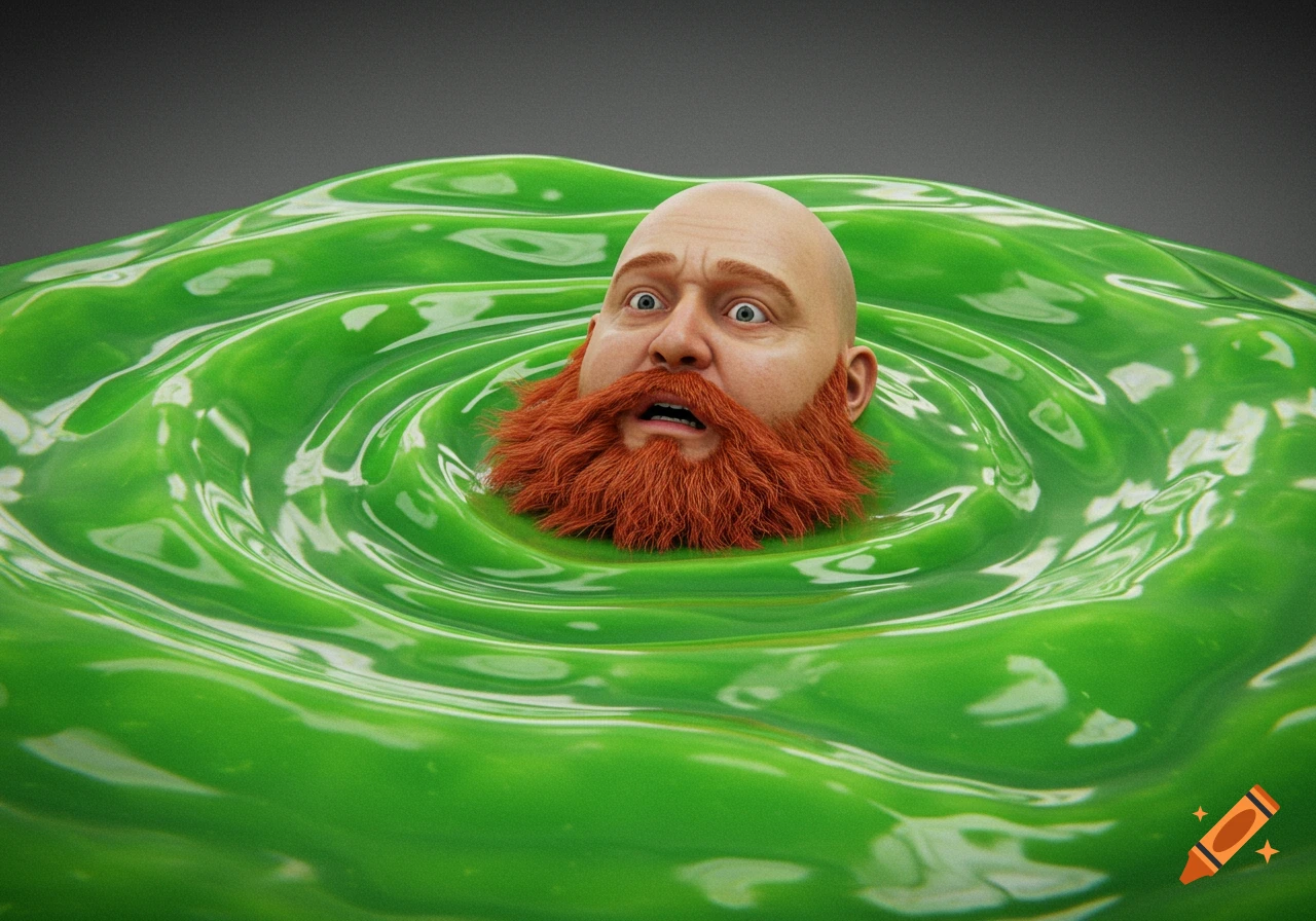 3D render of a bald man with a red beard sinking into swirling green slime.