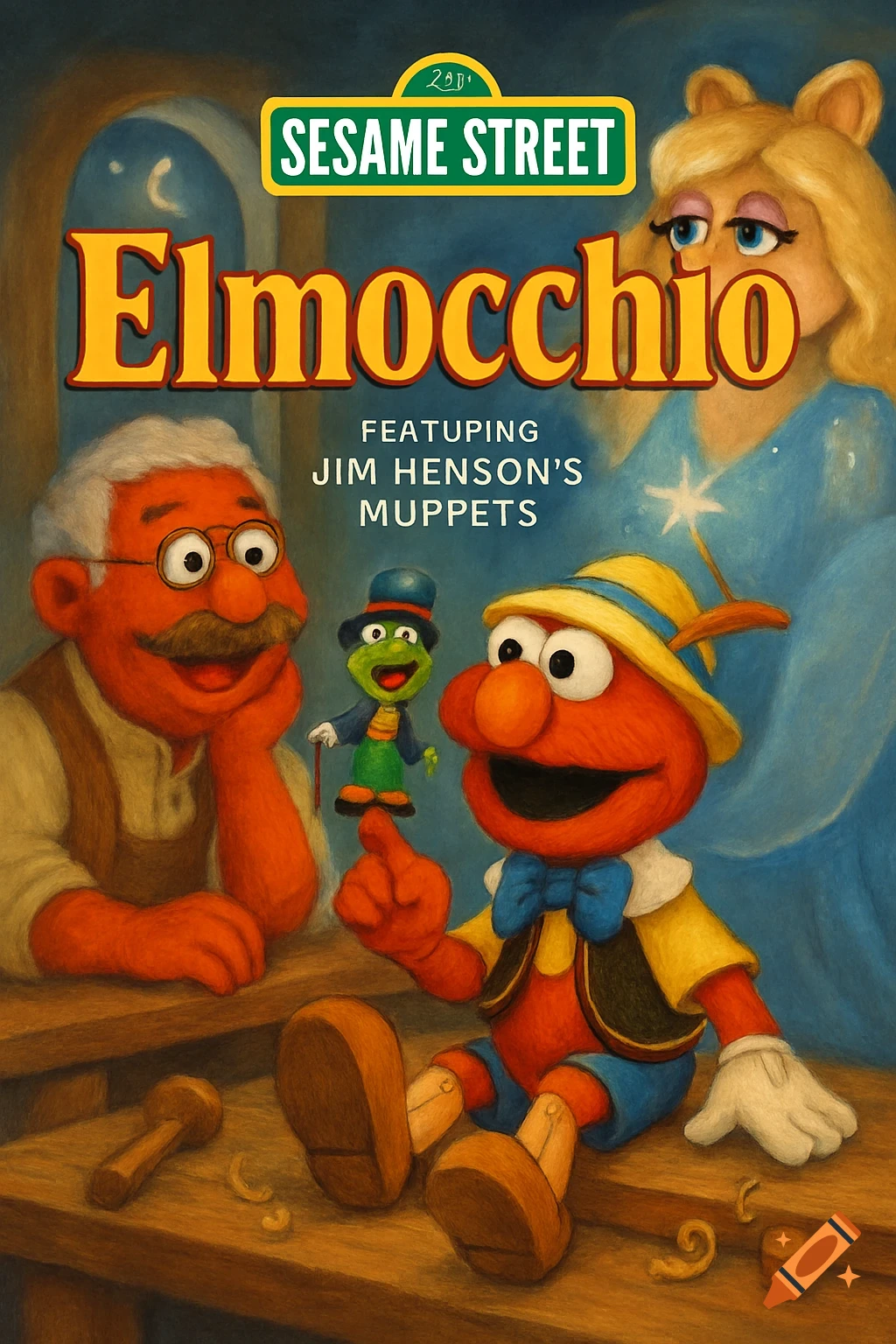 Poster for Elmocchio movie parody with Sesame Street and Muppet characters dressed as Pinocchio characters.