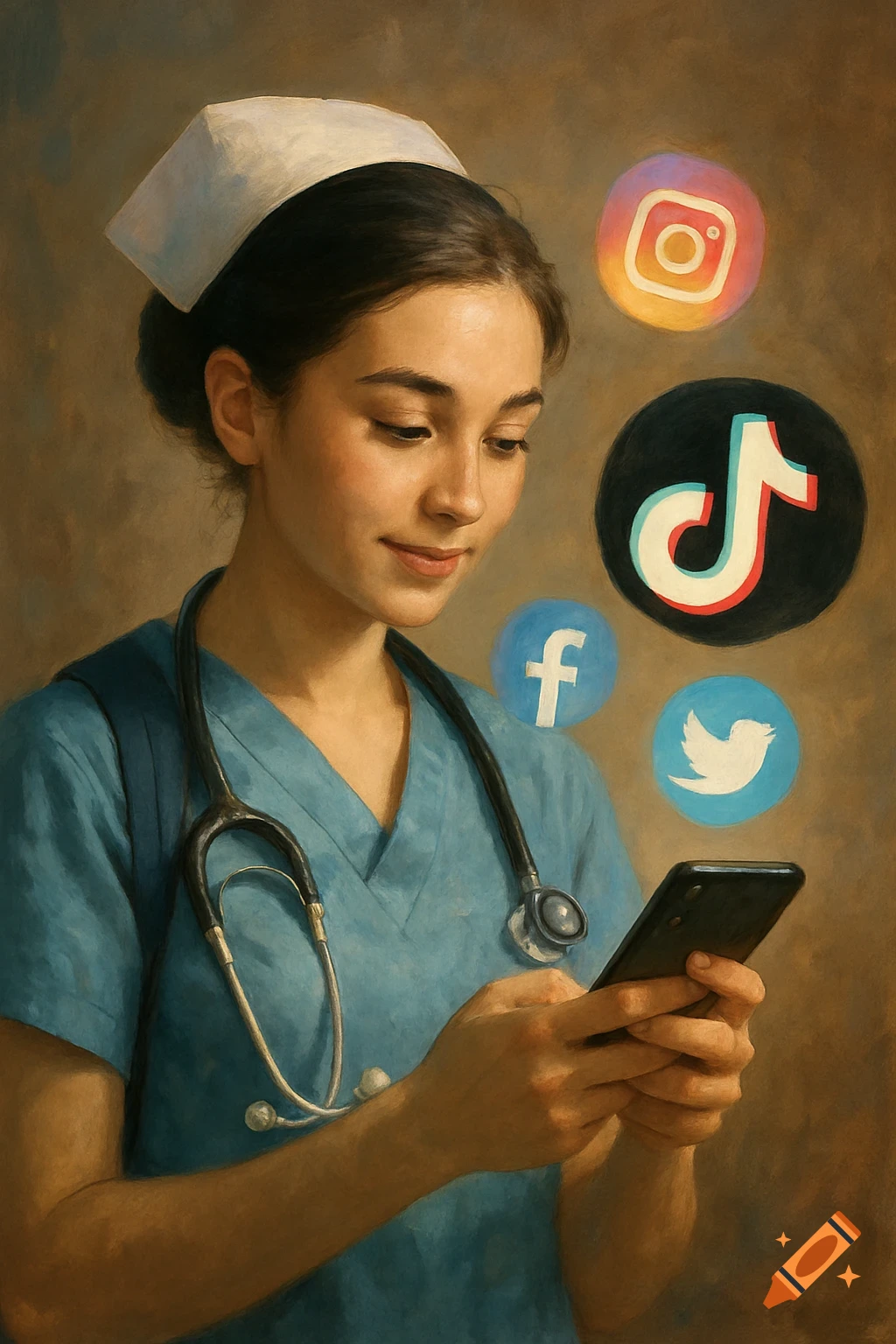 Painted portrait of a nurse looking at her phone with social media logos floating around her head.