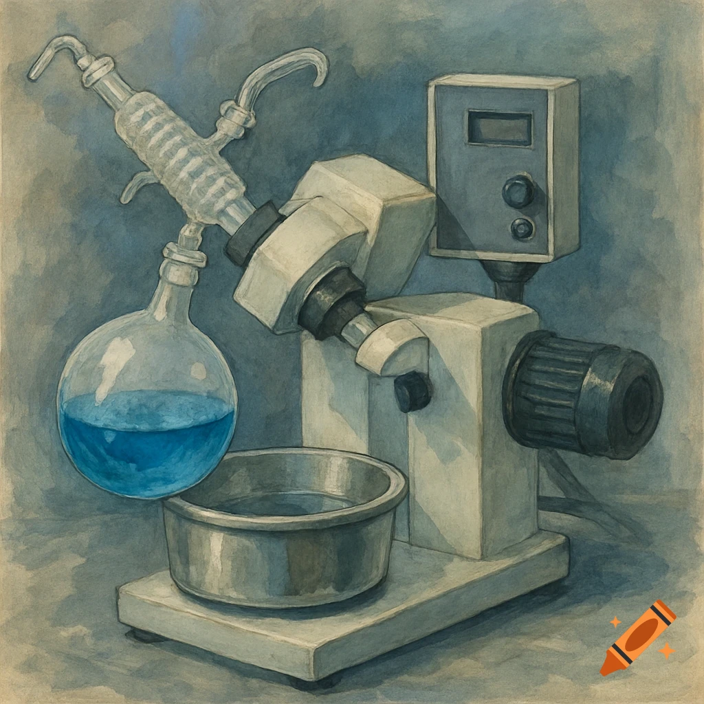 A watercolor painting of a rotary evaporator with blue liquid in a flask.