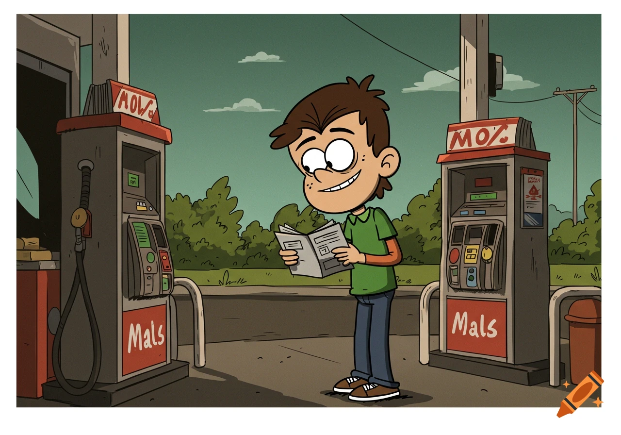 A cartoon boy in the style of The Loud House looks at mail at a gas station.