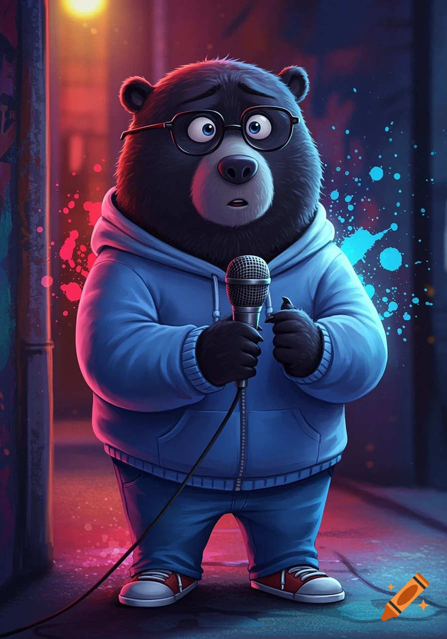 A cartoon black bear wearing glasses and a blue hoodie holds a microphone.